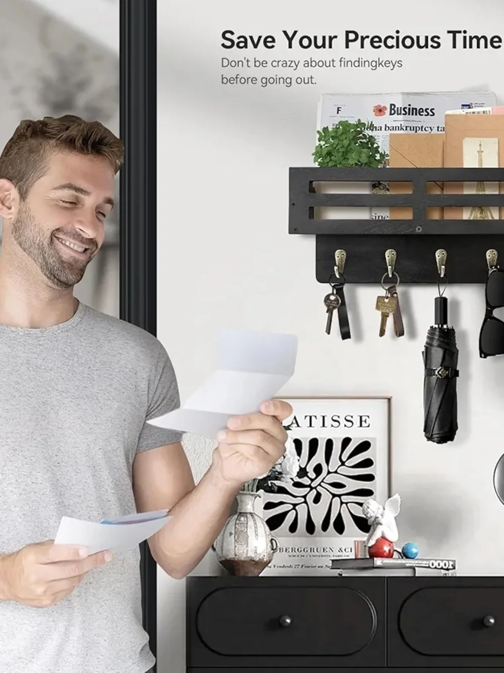 Wall-Mounted Mail & Key Organizer Rack in Black